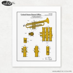 Vintage Trumpet Patent Print - Unframed Giclee Art in 3 Color Variations