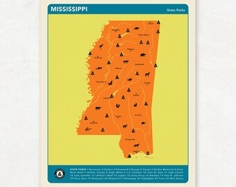 MISSISSIPPI PARKS - Orange Version, State Park Map, Fine Art Photographic Print for the home decor.