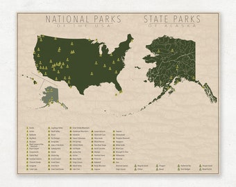 NATIONAL and STATE PARK Map of Alaska and the United States, Fine Art Photographic Print for the home decor.