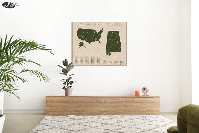 NATIONAL and STATE PARK Map of Alabama and the United States, Fine Art Photographic Print for the home decor. image 4