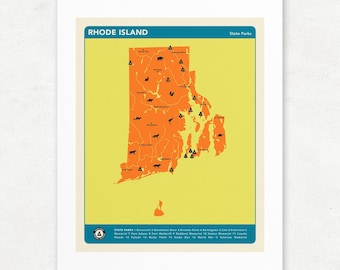 Mapa de parques de Rhode Island, impresión giclée, sin marco, arte marino en 3 colores