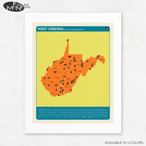 May include: A yellow and orange map of West Virginia with black triangle icons marking state parks and national parks. The text "WEST VIRGINIA State & National Parks" is at the top of the map.