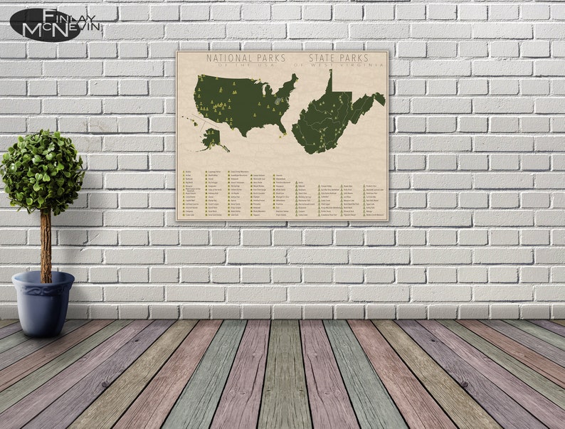 NATIONAL and STATE PARK Map of West Virginia and the United States, Fine Art Photographic Print for the home decor. image 2