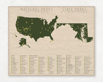 NATIONAL and STATE PARK Map of Maryland and the United States, Fine Art Photographic Print for the home decor.