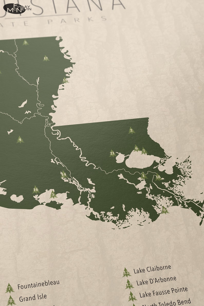 LOUISIANA PARKS, State Park Map, Fine Art Photographic Print for the home decor. image 2