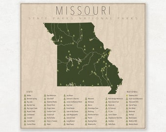 MISSOURI PARKS, National and State Park Map, Fine Art Photographic Print for the home decor.