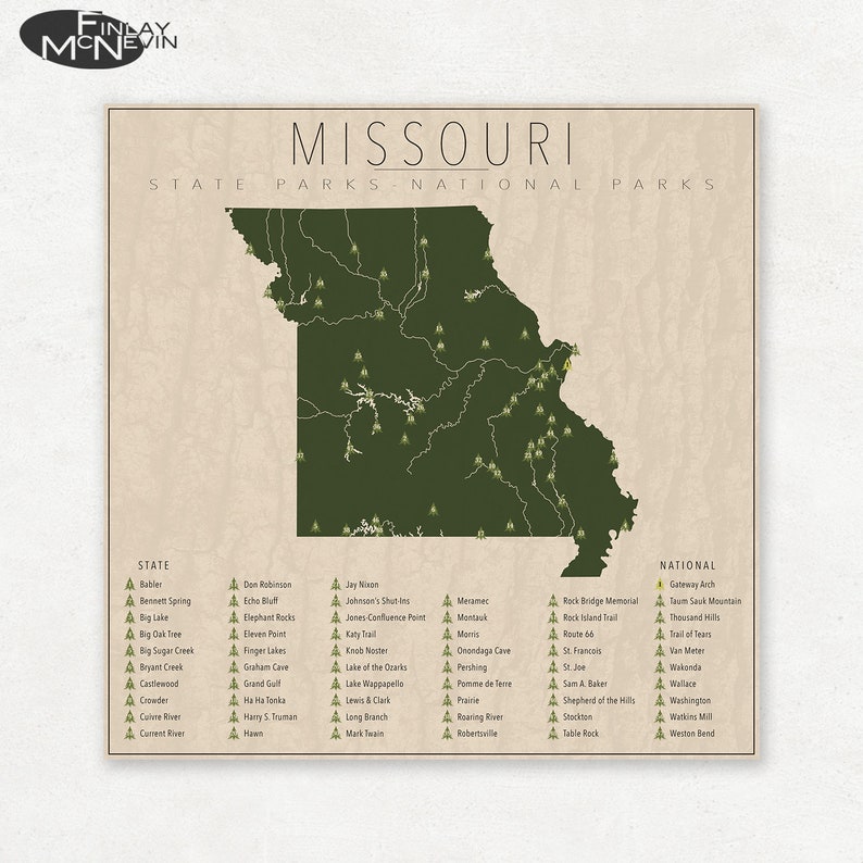 MISSOURI PARKS, National and State Park Map, Fine Art Photographic Print for the home decor. zdjęcie 1