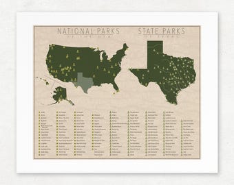 Texas Parks & U.S. National Parks Map, Giclée Print, Vintage Wall Art, Unframed, Nature Lover Gift