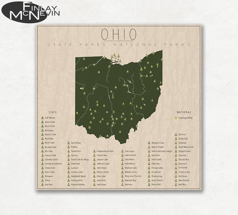 OHIO PARKS, National and State Park Map, Fine Art Photographic Print for the home decor. image 1