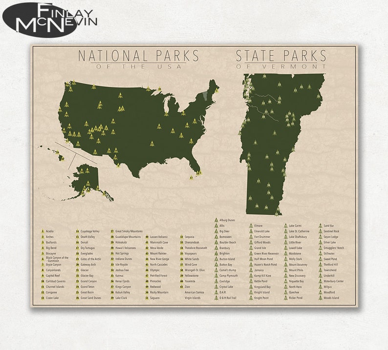 NATIONAL and STATE PARK Map of Vermont and the United States, Fine Art Photographic Print for the home decor. image 1