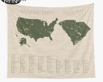 NATIONAL & STATE PARK Carte de la Caroline du Sud et des États-Unis, Tapisserie murale pour la décoration intérieure.