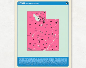 UTAH PARKS - Pink Version, National and State Park Map, Fine Art Photographic Print for the home decor.