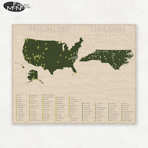 NATIONAL and STATE PARK Map of North Carolina and the United States, Fine Art Photographic Print for the home decor. image 1