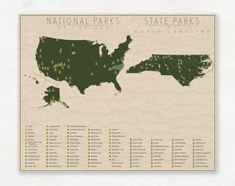 Carte des PARCS NATIONAL et D'ÉTAT de la Caroline du Nord et des États-Unis, impression photographique d'art pour la décoration intérieure.