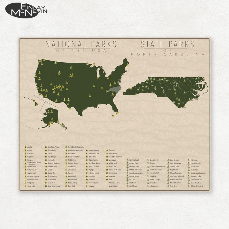 NATIONAL and STATE PARK Map of North Carolina and the United States, Fine Art Photographic Print for the home decor. image 1