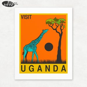 May include: A vintage travel poster with a yellow border and the text "VISIT UGANDA" in bold black letters. The poster features a blue giraffe reaching up to eat leaves from a green tree against an orange background with a black sun.
