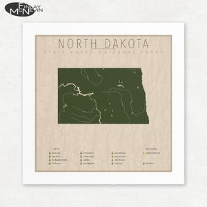 North Dakota Parks Map, Giclée Print, Vintage Wall Art, Unframed, Nature Lover Gift
