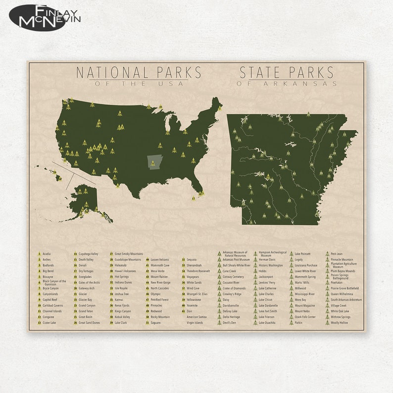 NATIONAL and STATE PARK Map of Arkansas and the United States, Fine Art Photographic Print for the home decor. image 1