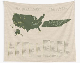 NATIONAL & STATE PARK Map of Tennessee and the United States, Wall Tapestry for the home decor.