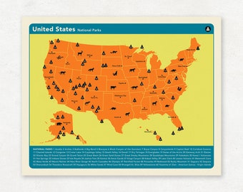US NATIONAL PARKS - Orange version, United States Park Map, Fine Art Photographic Print for the home decor.