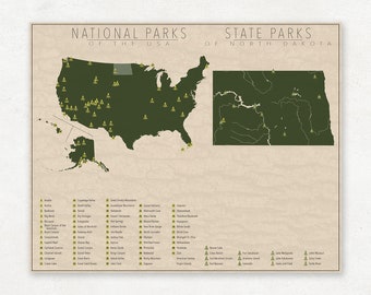 NATIONAL and STATE PARK Map of North Dakota and the United States, Fine Art Photographic Print for the home decor.
