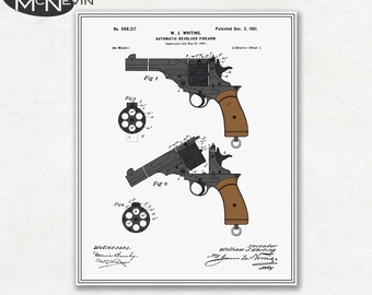 AUTOMATIC REVOLVER - HANDGUN Patent, Vintage Fine Art Print Poster, Colour, Blueprint, or Black and White