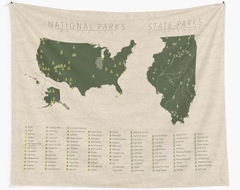 NATIONAL & STATE PARK Map of Illinois and the United States, Wall Tapestry for the home decor.