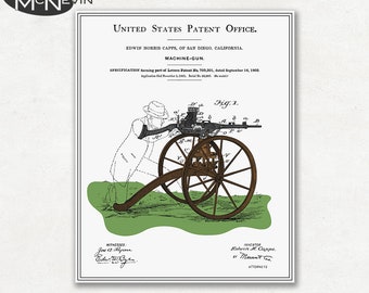 MACHINE GUN PATENT, Vintage Fine Art Print Poster, Colour, Blueprint, or Black and White