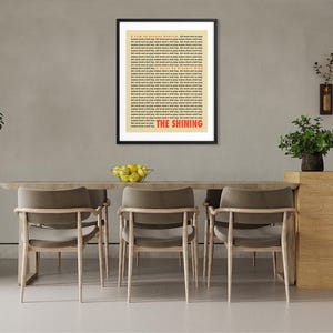 May include: A framed poster with a black frame and a beige background. The poster features a black and white text print of the entire script for the movie "The Shining" by Stephen King. The title "The Shining" is printed in red at the bottom of the poster.