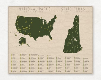 Carte des PARCS NATIONAL et D'ÉTAT du New Hampshire et des États-Unis, impression photographique d'art pour la décoration intérieure.