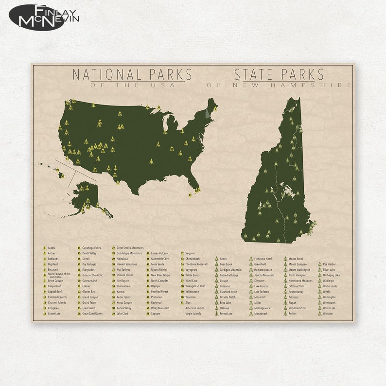 NATIONAL and STATE PARK Map of New Hampshire and the United States, Fine Art Photographic Print for the home decor. Bild 1