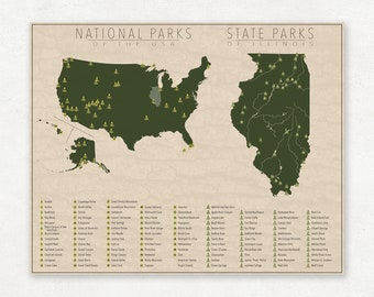 NATIONAL and STATE PARK Map of Illinois and the United States, Fine Art Photographic Print for the home decor.