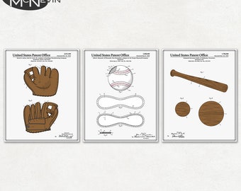 BASEBALL PATENT 3-PACK, Vintage Fine Art Print Posters, Colour, Blueprint, or Black and White