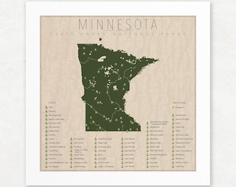 May include: A map of Minnesota with green state parks and national parks marked with a green tree icon. The map shows the state outline and the names of each park. The text "Minnesota State Parks National Parks" is at the top of the map.