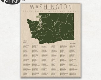 WASHINGTON PARKS, National and State Park Map, Fine Art Photographic Print for the home decor.