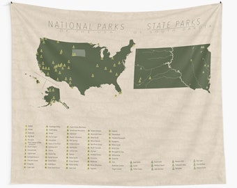 NATIONAL & STATE PARK Map of South Dakota and the United States, Wall Tapestry for the home decor.