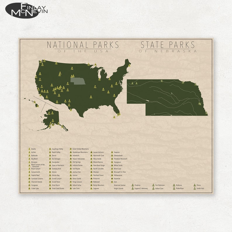 NATIONAL and STATE PARK Map of Nebraska and the United States, Fine Art Photographic Print for the home decor. image 1