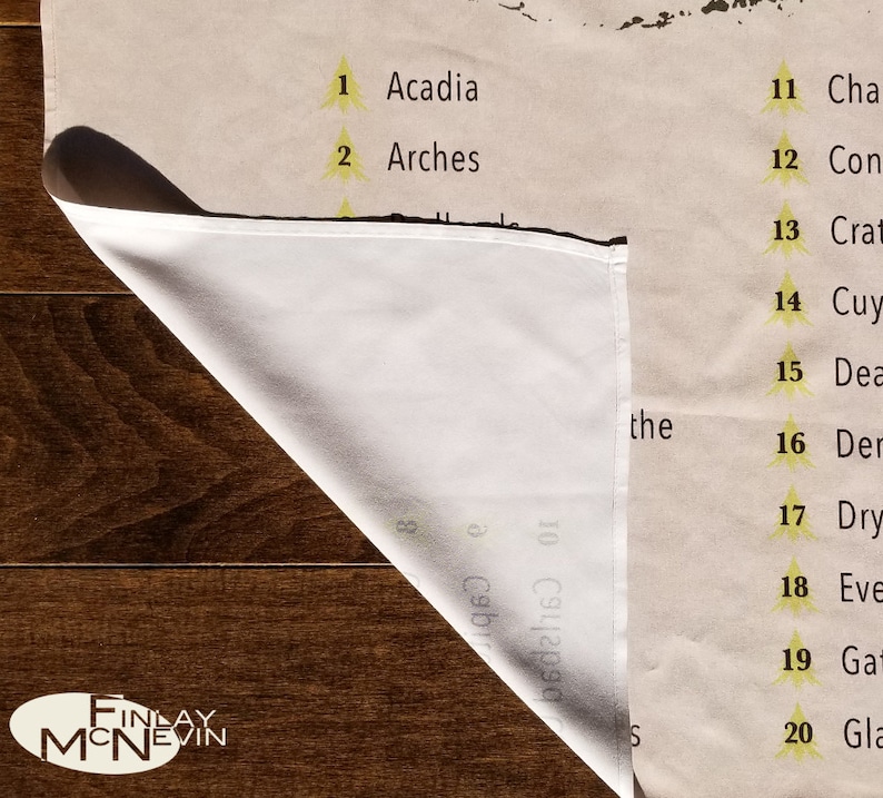 May include: A beige canvas print with a list of national parks in the United States. The list is numbered 1 through 20. The print is folded in half and the bottom corner is visible. The print is on a wooden surface.