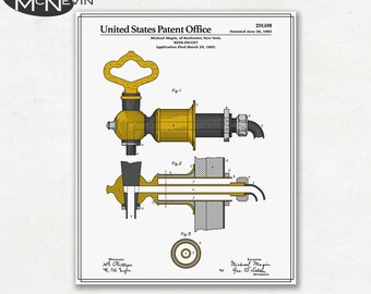 BEER FAUCET PATENT, Vintage Fine Art Print Poster, Colour, Blueprint, or Black and White