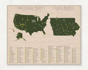 NATIONAL and STATE PARK Map of Iowa and the United States, Fine Art Photographic Print for the home decor.