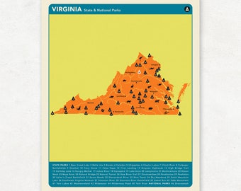 VIRGINIA PARKS - Orange Version, National and State Park Map, Fine Art Photographic Print for the home decor.