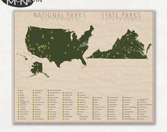 NATIONAL and STATE PARK Map of Virginia and the United States, Fine Art Photographic Print for the home decor.