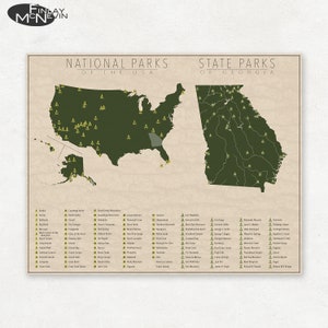 NATIONAL and STATE PARK Map of Georgia and the United States, Fine Art Photographic Print for the home decor. image 1