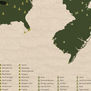 May include: A map of the United States with green states and yellow pine tree icons marking national parks. The map includes the names of each park and its corresponding number. The map also includes a list of national parks with their corresponding numbers.