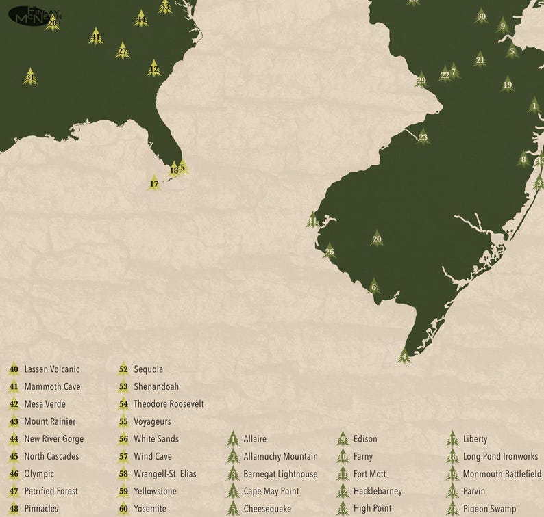 May include: A map of the United States with green states and yellow pine tree icons marking national parks. The map includes the names of each park and its corresponding number. The map also includes a list of national parks with their corresponding numbers.