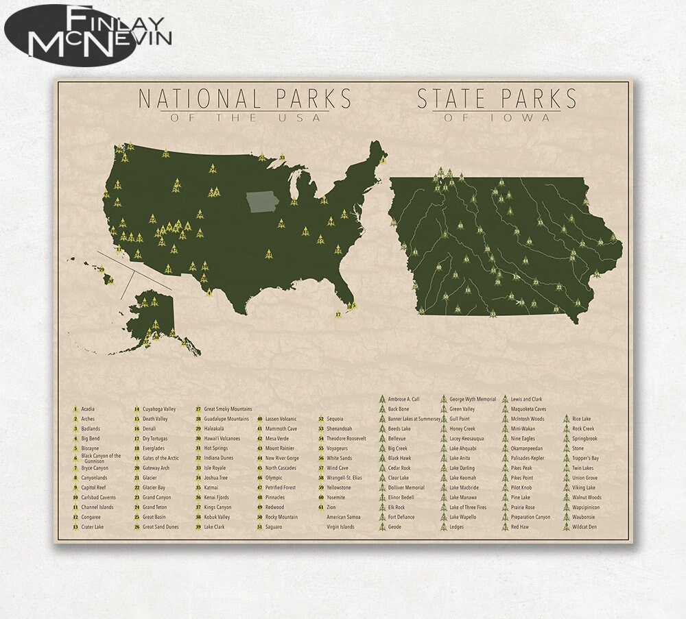 Iowa State Parks Map National And State Park Map Of Iowa And The United States | Etsy New Zealand