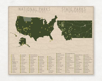 NATIONAL and STATE PARK Map of Montana and the United States, Fine Art Photographic Print for the home decor.