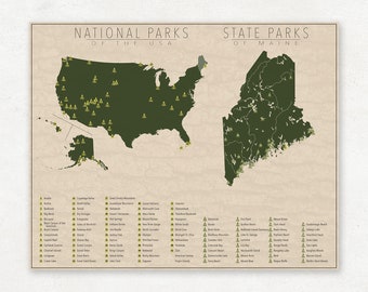 NATIONAL and STATE PARK Map of Maine and the United States, Fine Art Photographic Print for the home decor.