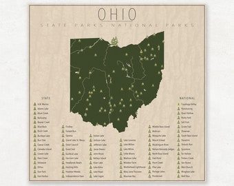 OHIO PARKS, carte des parcs nationaux et d'État, impression photographique d'art pour la décoration intérieure.