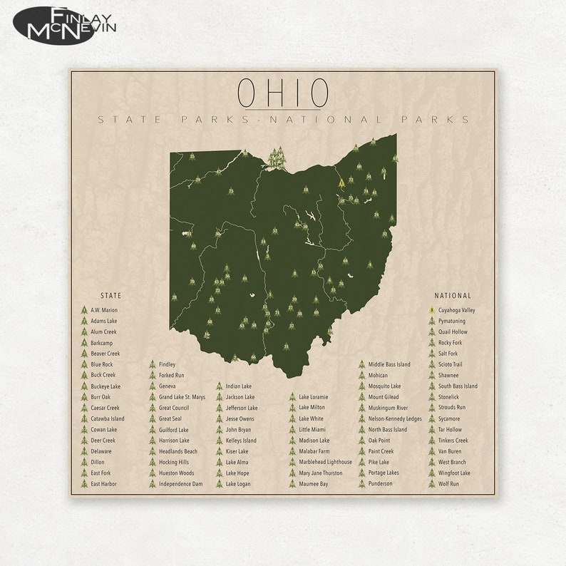 OHIO PARKS, National and State Park Map, Fine Art Photographic Print for the home decor. image 1